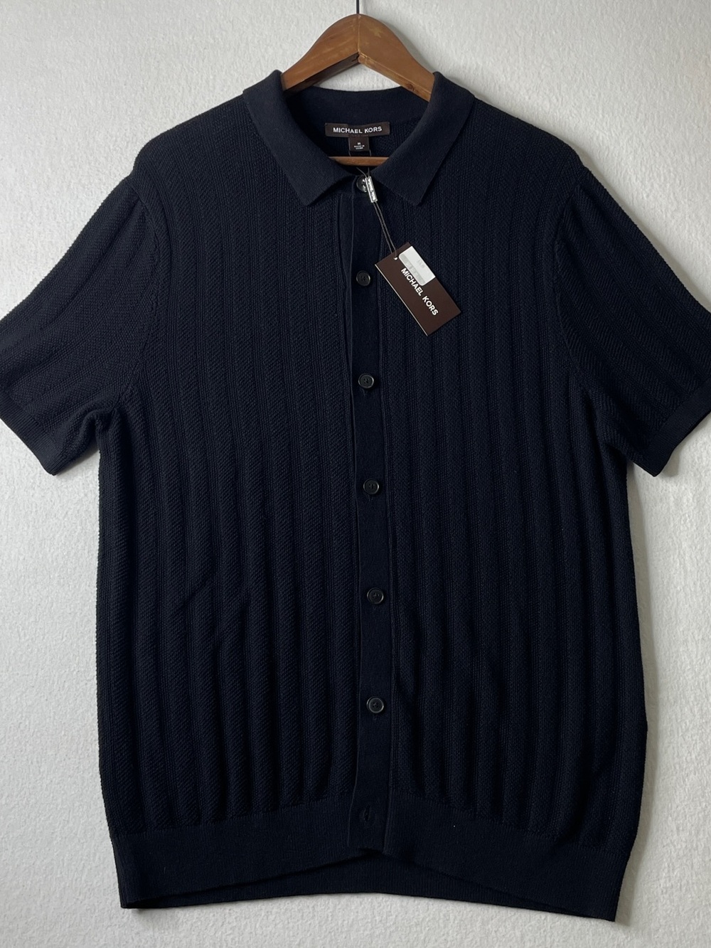 Michael Kors Knit Polo Men Medium Black Button Down Ribbed Preppy Minimalist NWT